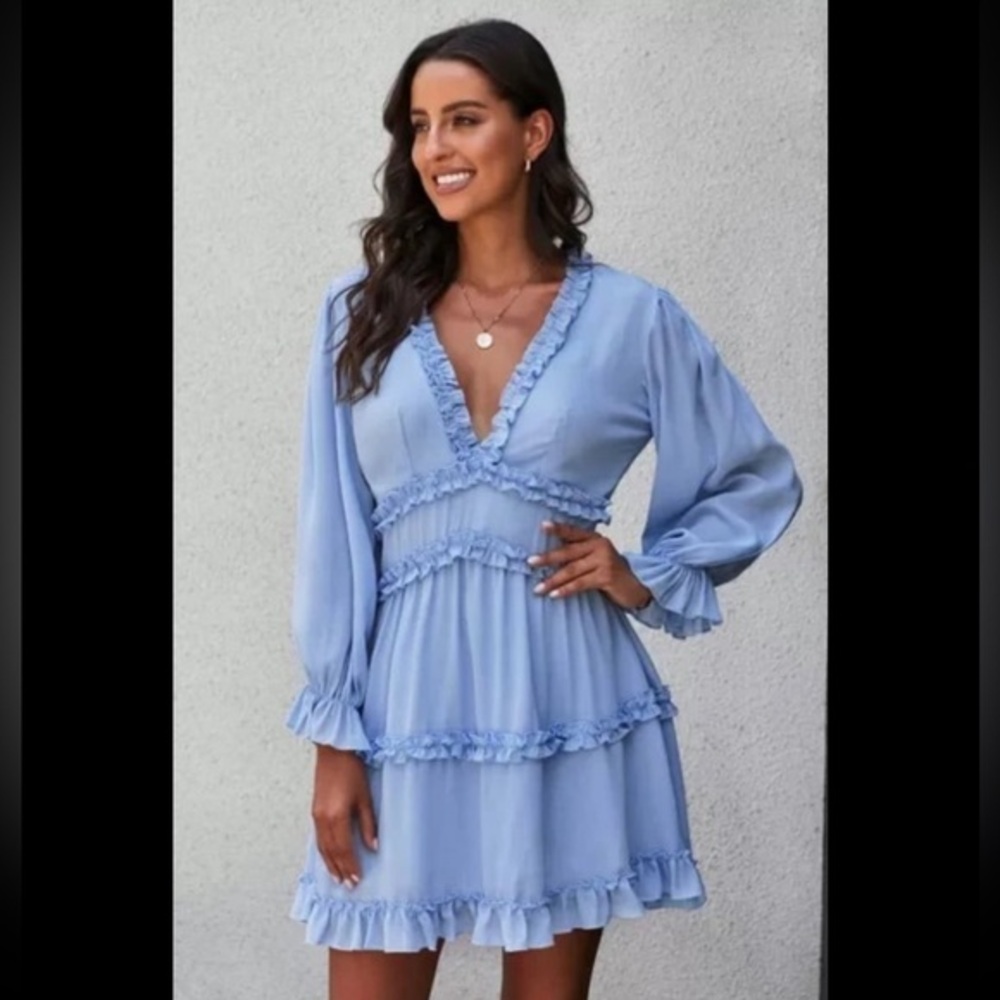 Women's Summer Mini Dress Plain With Deep V-Neck and Long Sleeves Size S
